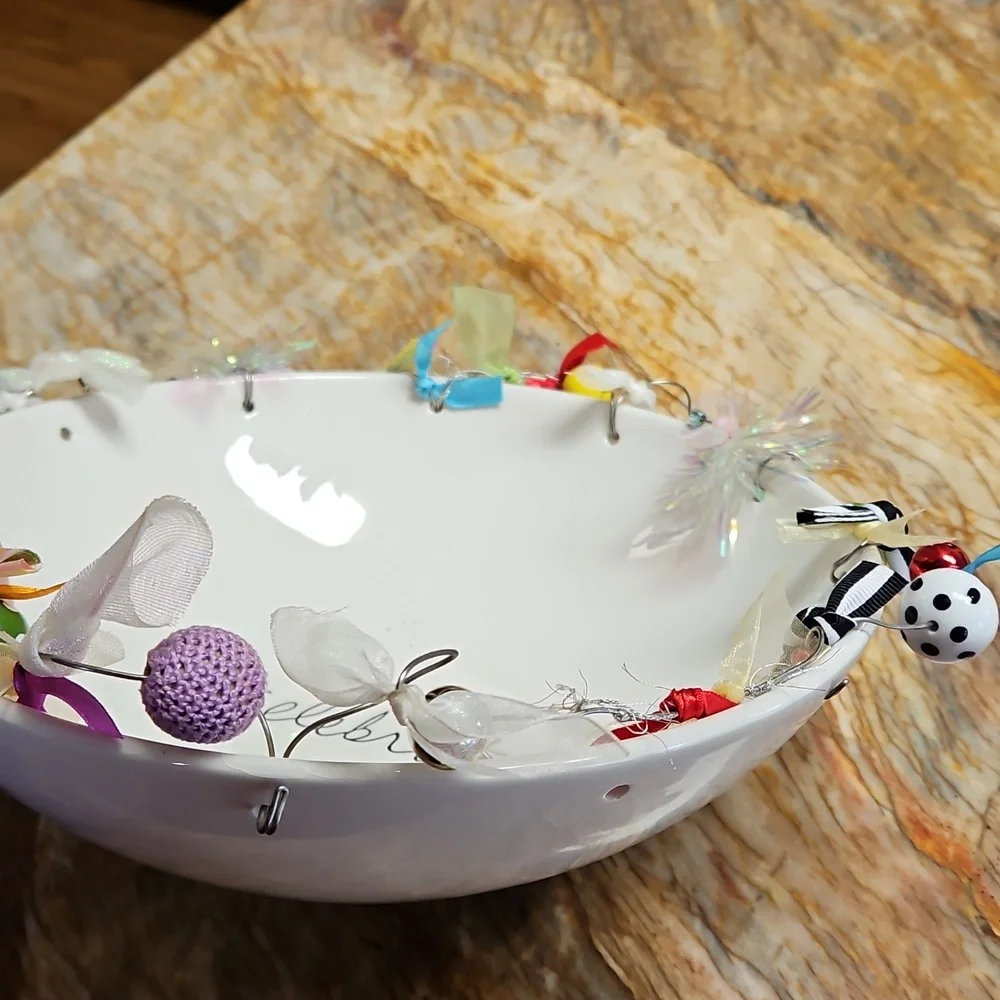 Very Festive CELEBRATE  White Bowl with Colorful Accents - NEW